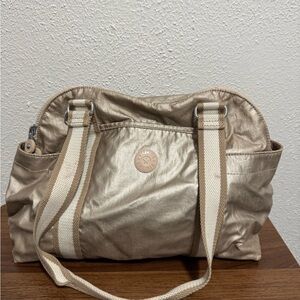 Kipling Metallic Champagne Shoulder Bag with Cream & Tan Striped Straps